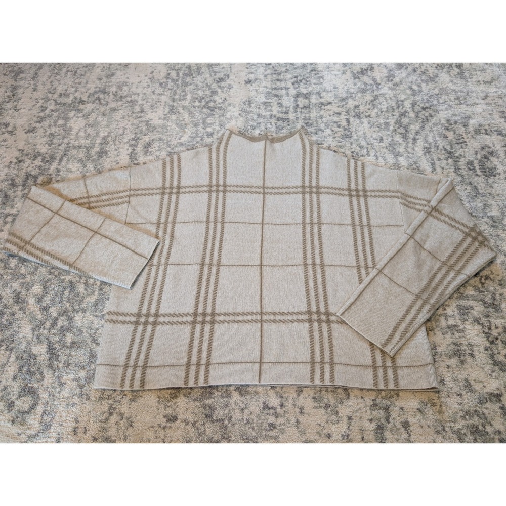 Tahari Beige Cream Plaid Windowpane Mock Neck Knit Textured Sweater Women's XL